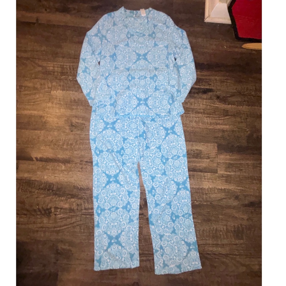 Mayfair Womens Blue White Damask Paisley Fleece Pajama Set Long Sleeve Pants M